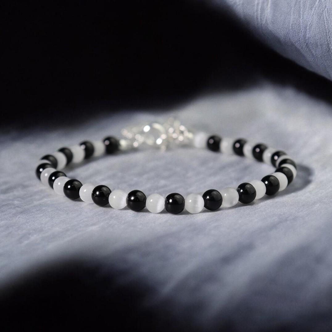 Selenite & Black Tourmaline Bracelet | Layering Gemstone Jewelry