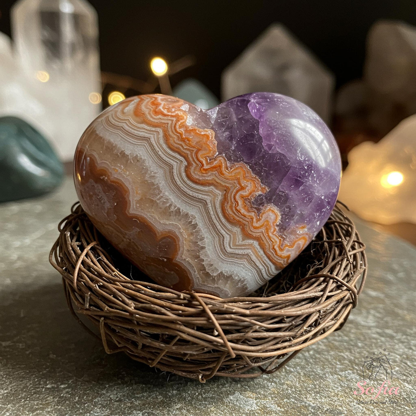 Lace Agate & Amethyst Crystal Heart | Crystal Decor