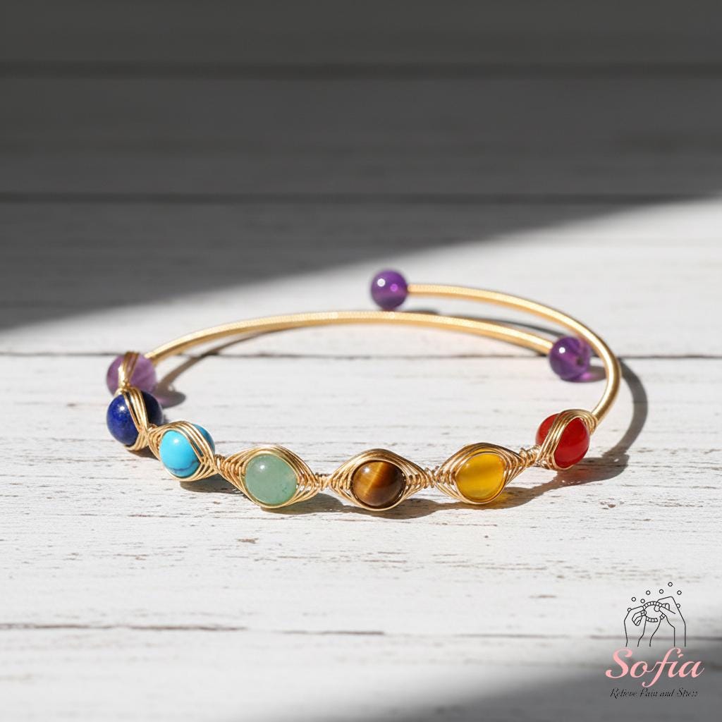 Seven Chakra Gemstone Bracelet | Wire Wrapped Gold Jewelry