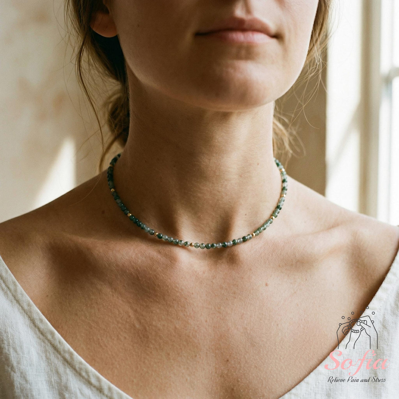 Moss Agate Choker | Minimalist Dainty Crystal Beaded Necklace