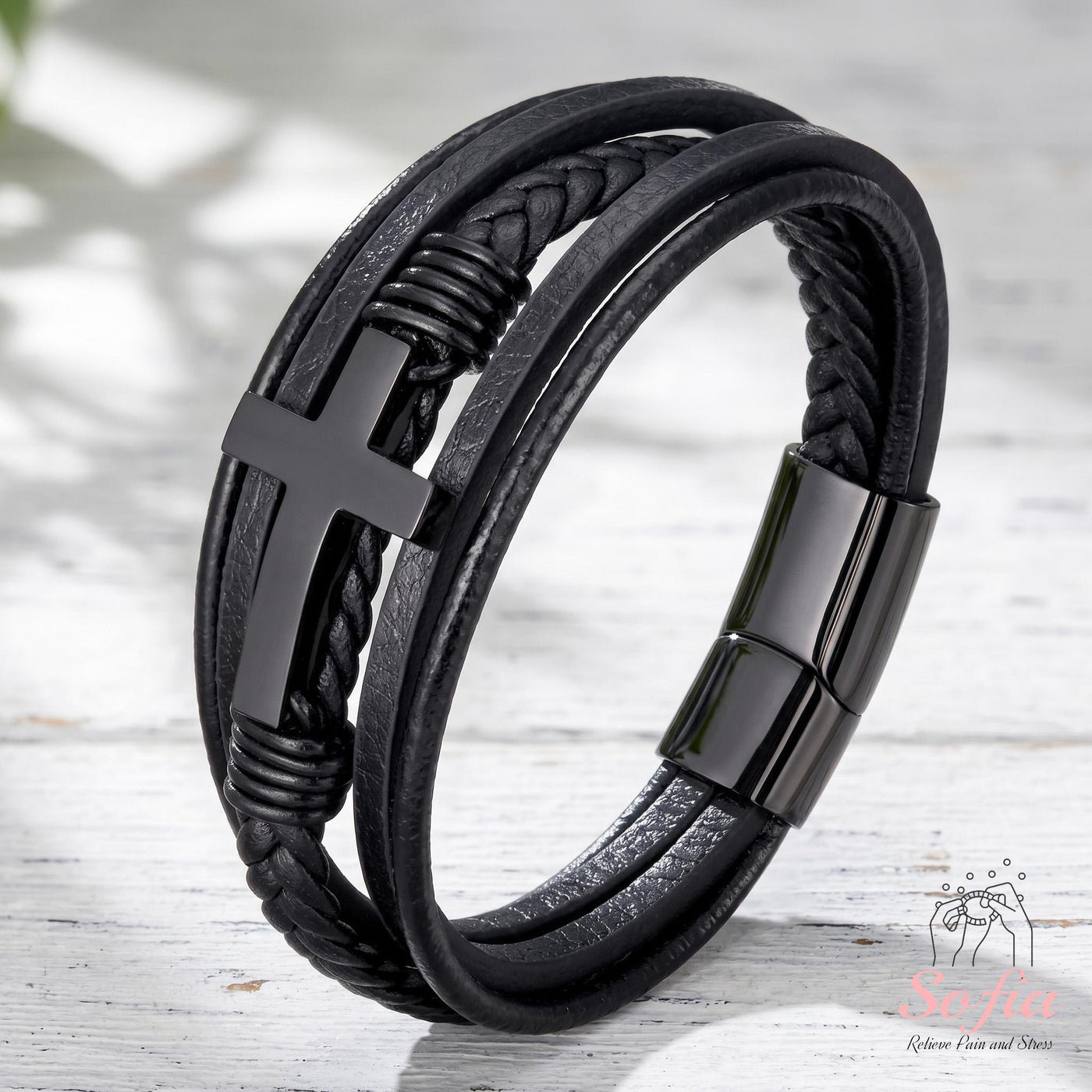 Kreuz Lederarmband | Magnetischer Schutzschmuck
