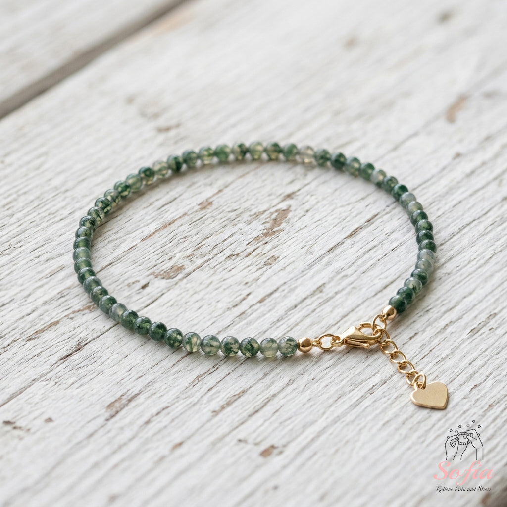 Moss Agate Bracelet Polished Beads | Minimalist Dainty Jewelry Stackable