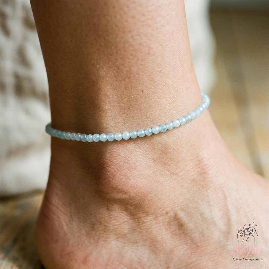 Aquamarine Anklet | 3MM Faceted Beads | Dainty Summer Styling Accessories
