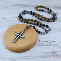 Tigers Eye & Obsidian Rosary | Crystal Necklace Hematite Cross Pendant