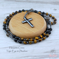 Tigers Eye & Obsidian Rosary | Crystal Necklace Hematite Cross Pendant