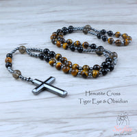 Tigers Eye & Obsidian Rosary | Crystal Necklace Hematite Cross Pendant