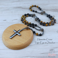 Tigers Eye & Obsidian Rosary | Crystal Necklace Hematite Cross Pendant