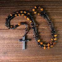 Tigers Eye & Obsidian Rosary | Crystal Necklace Hematite Cross Pendant