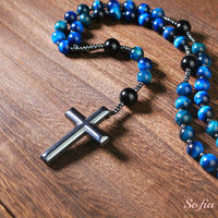 Blue Tigers Eye & Obsidian Rosary | Crystal Necklace Hematite Cross Pendant