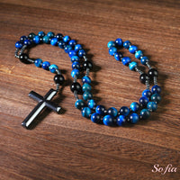 Blue Tigers Eye & Obsidian Rosary | Crystal Necklace Hematite Cross Pendant