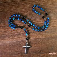 Blue Tigers Eye & Obsidian Rosary | Crystal Necklace Hematite Cross Pendant