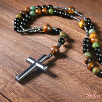 Turquoise & Obsidian Rosary | Crystal Necklace Hematite Cross Pendant