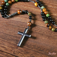 Turquoise & Obsidian Rosary | Crystal Necklace Hematite Cross Pendant