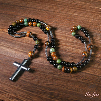 Turquoise & Obsidian Rosary | Crystal Necklace Hematite Cross Pendant