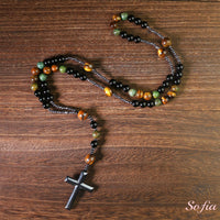 Turquoise & Obsidian Rosary | Crystal Necklace Hematite Cross Pendant