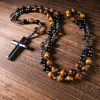 Tigers Eye & Obsidian Rosary | Crystal Necklace Hematite Cross Pendant