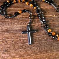 Tigers Eye & Obsidian Rosary | Crystal Necklace Hematite Cross Pendant