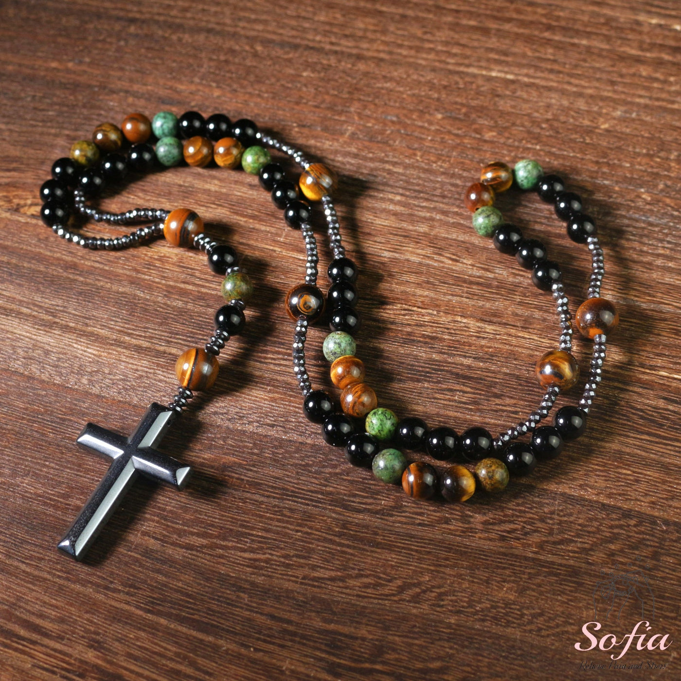 Turquoise & Obsidian Rosary | Crystal Necklace Hematite Cross Pendant