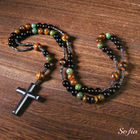 Turquoise & Obsidian Rosary | Crystal Necklace Hematite Cross Pendant