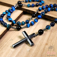 Blue Tigers Eye & Obsidian Rosary | Crystal Necklace Hematite Cross Pendant