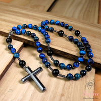Blue Tigers Eye & Obsidian Rosary | Crystal Necklace Hematite Cross Pendant