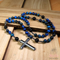 Blue Tigers Eye & Obsidian Rosary | Crystal Necklace Hematite Cross Pendant