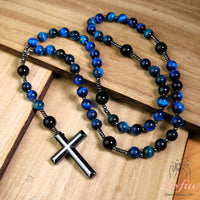 Blue Tigers Eye & Obsidian Rosary | Crystal Necklace Hematite Cross Pendant