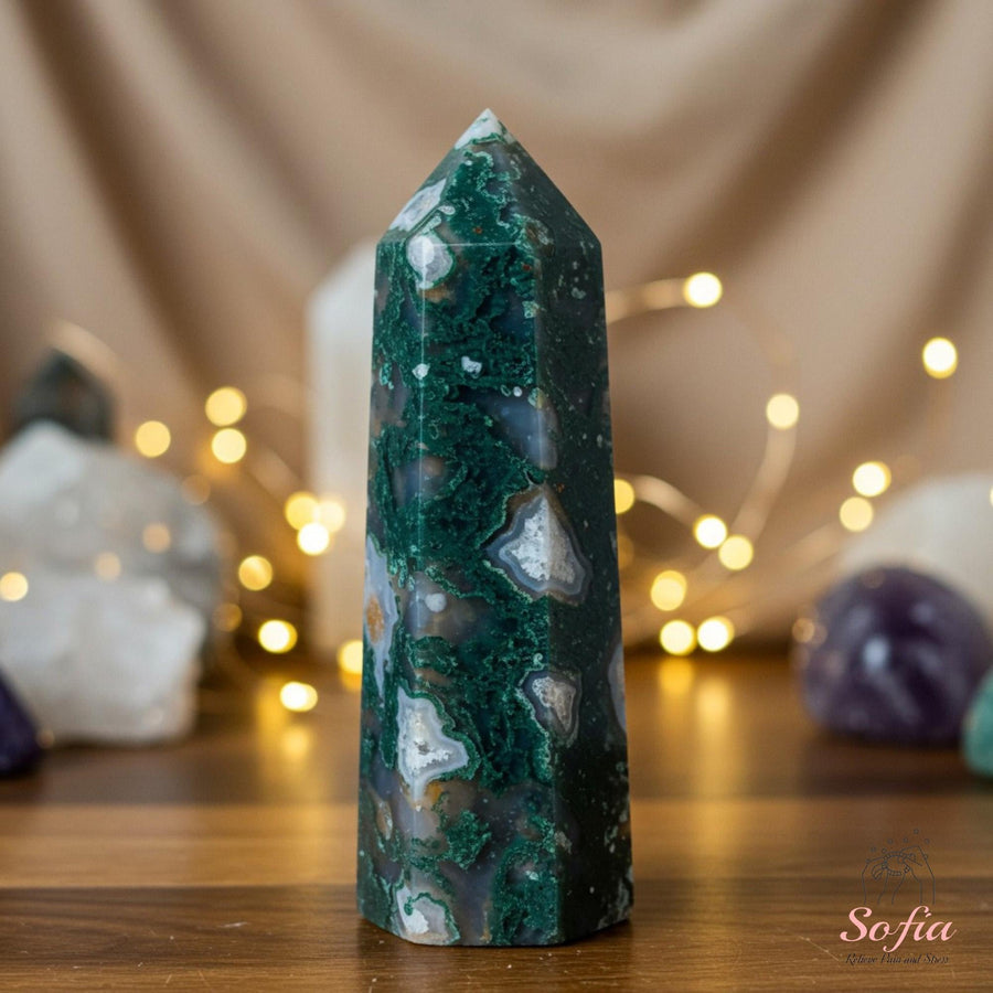 Moss Agate Crystal Tower | Healing Crystal Decor - photo 1