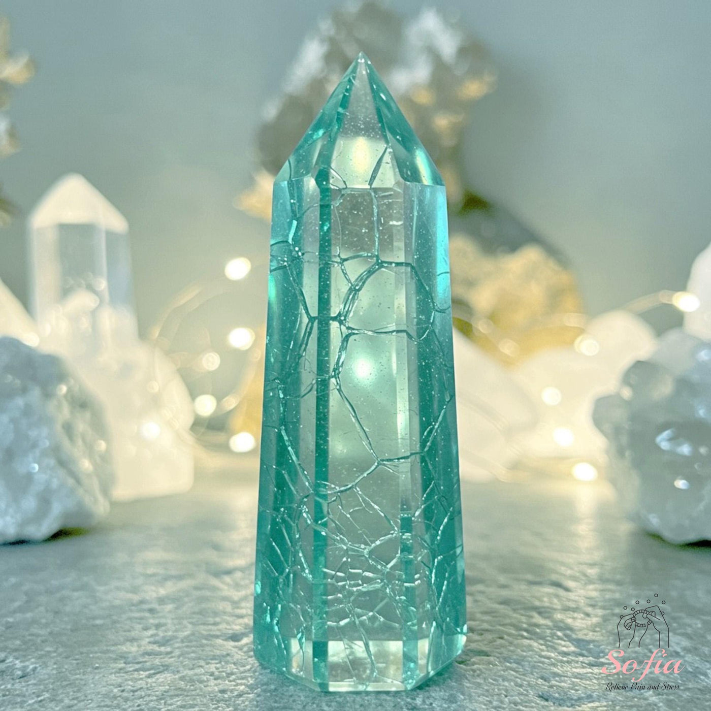 Blue Crackle Glass Tower | Crystal Stone Decor