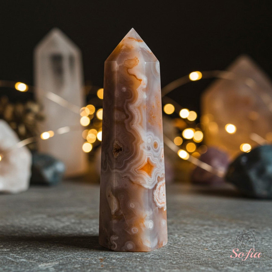 Cherry Blossom Agate Crystal Tower | Healing Decor - photo 1