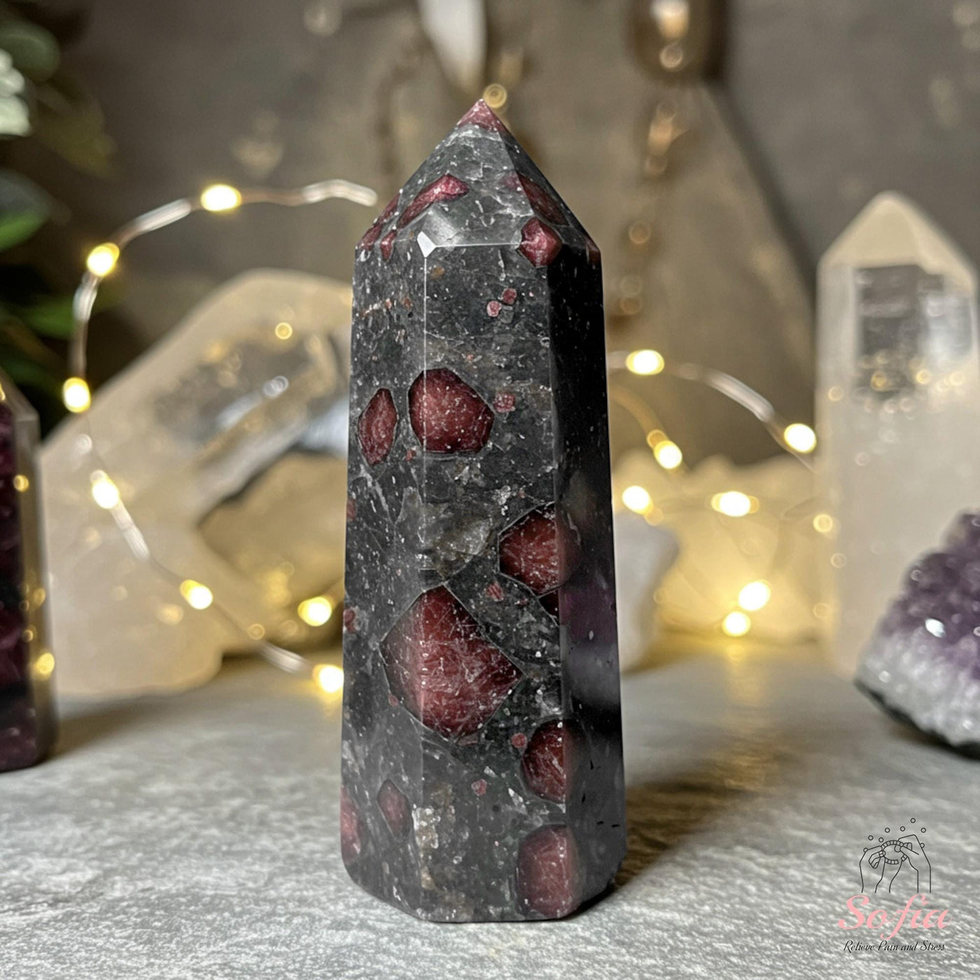 Arfvedsonite with Garnet Crystal Tower | Crystal Stone Decor