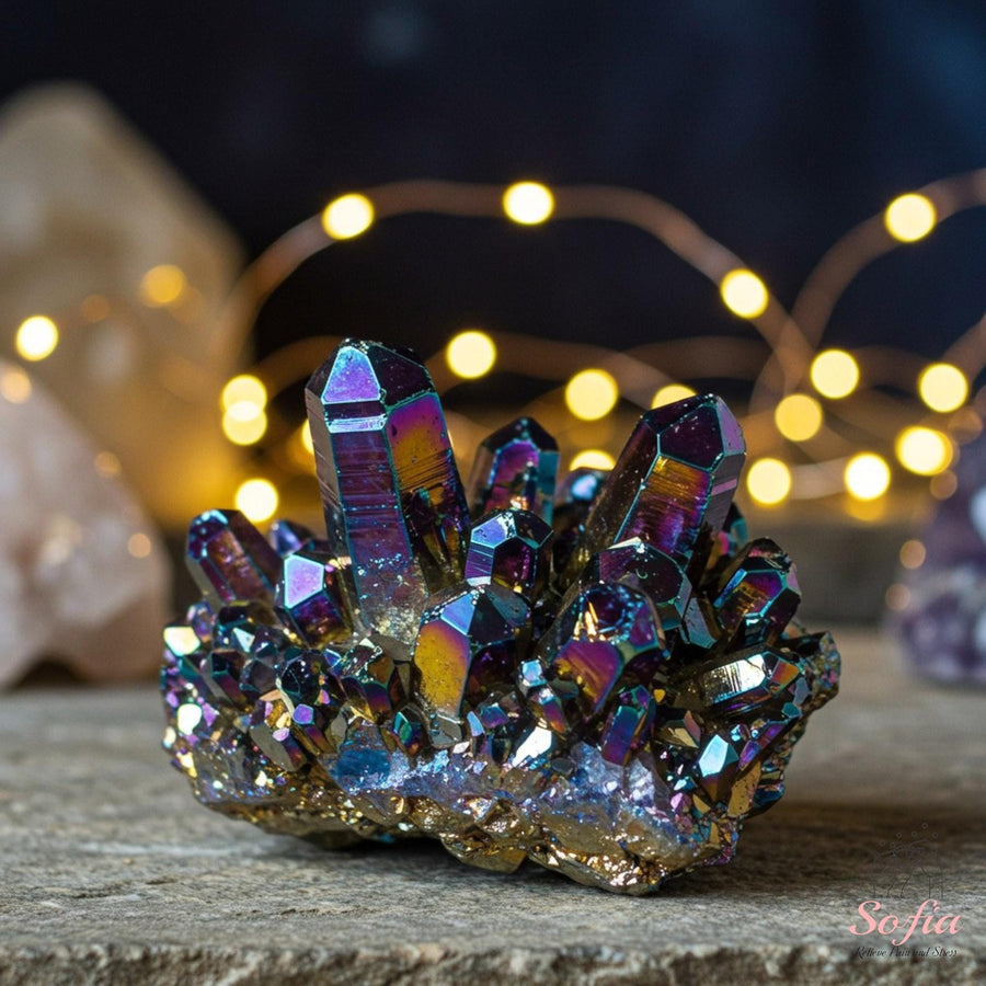 Titanium Aura Quartz Crystal Cluster | UV Reactive Color-Changing Decor - photo 1