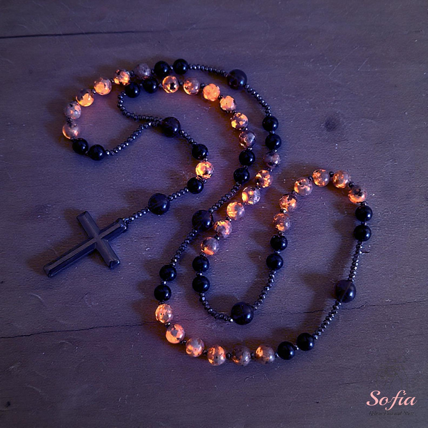 UV-Reactive Yooperlite Rosary | Crystal Necklace Hematite Cross Pendant