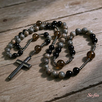 UV-Reactive Yooperlite Rosary | Crystal Necklace Hematite Cross Pendant
