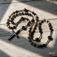 UV-Reactive Yooperlite Rosary | Crystal Necklace Hematite Cross Pendant