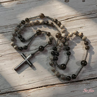 UV-Reactive Yooperlite Rosary | Crystal Necklace Hematite Cross Pendant