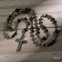 UV-Reactive Yooperlite Rosary | Crystal Necklace Hematite Cross Pendant