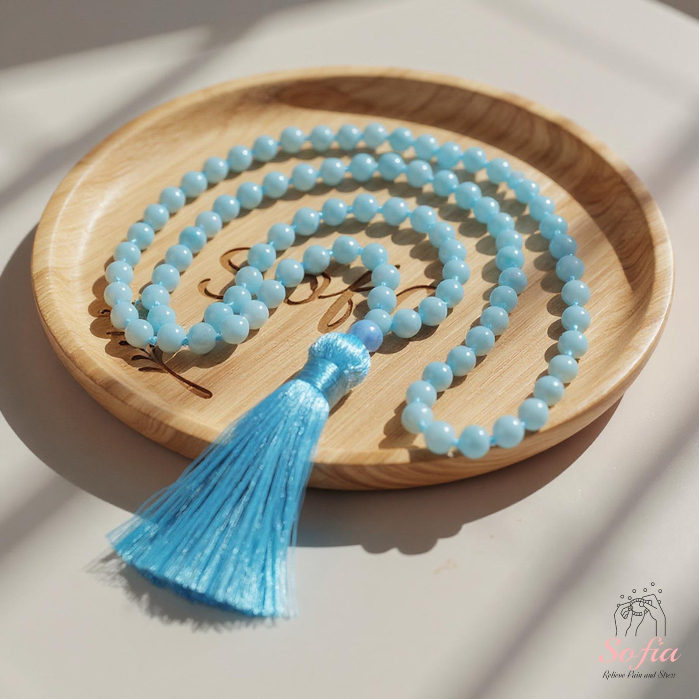 Aquamarine Tassel Necklace | 108 Mala Beads Jewelry