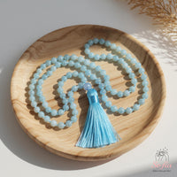 Aquamarine Tassel Necklace | 108 Mala Beads Jewelry