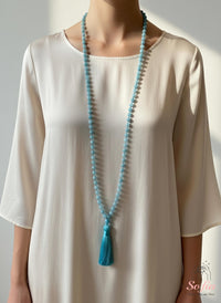 Aquamarine Tassel Necklace | 108 Mala Beads Jewelry