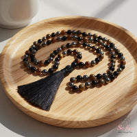Hematite Tigers Eye & Obsidian Tassel Necklace | 108 Mala Beads Jewelry