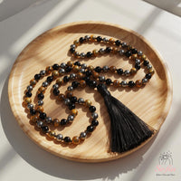 Hematite Tigers Eye & Obsidian Tassel Necklace | 108 Mala Beads Jewelry