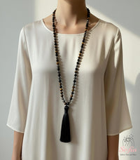 Hematite Tigers Eye & Obsidian Tassel Necklace | 108 Mala Beads Jewelry