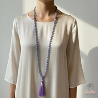 Blue Lace Agate Tassel Necklace | 108 Mala Beads Jewelry