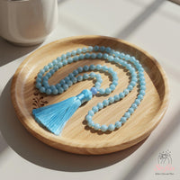 Aquamarine Tassel Necklace | 108 Mala Beads Jewelry