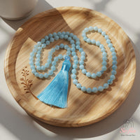 Aquamarine Tassel Necklace | 108 Mala Beads Jewelry