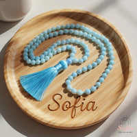 Aquamarine Tassel Necklace | 108 Mala Beads Jewelry