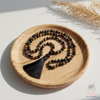 Hematite Tigers Eye & Obsidian Tassel Necklace | 108 Mala Beads Jewelry