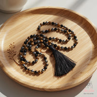 Hematite Tigers Eye & Obsidian Tassel Necklace | 108 Mala Beads Jewelry
