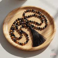 Hematite Tigers Eye & Obsidian Tassel Necklace | 108 Mala Beads Jewelry